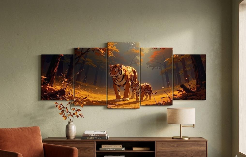 5-Piece Tiger & Cub Wildlife Wall Art – Wooden Sticky Tiles Canvas Painting - Ready in Size